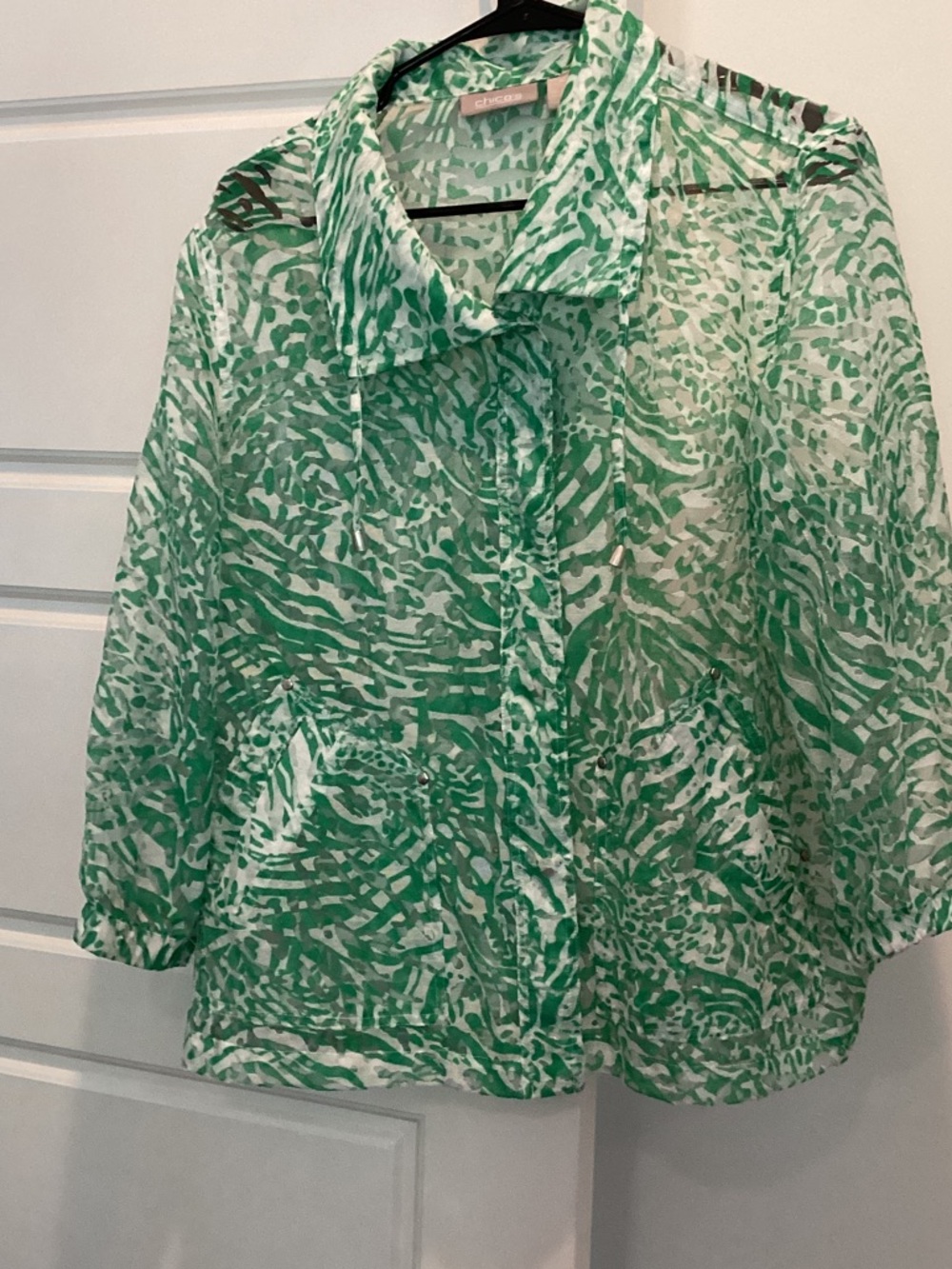 Chico's Green and White Sheer Printed Button-Up Blouse